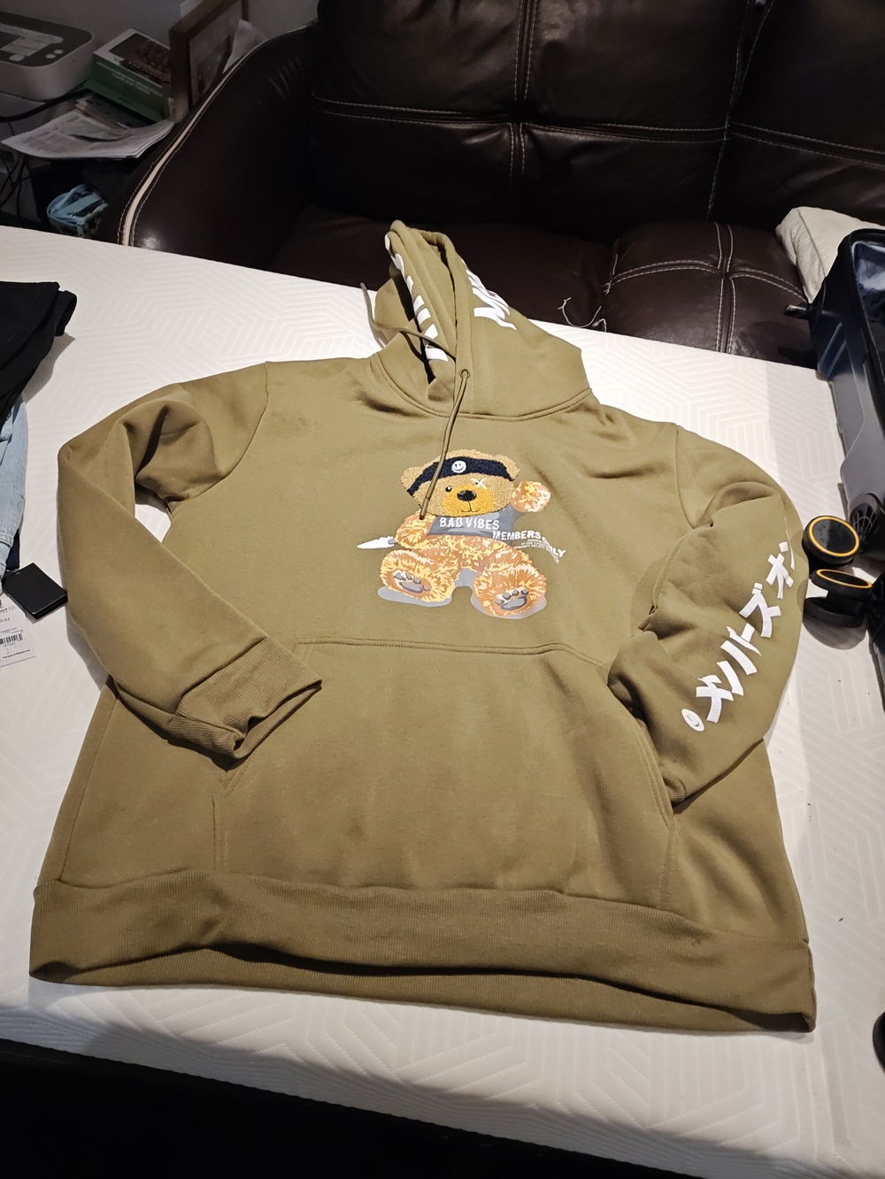 Members Only Olive Green Teddy Bear Graphic Pullover Hoodie
